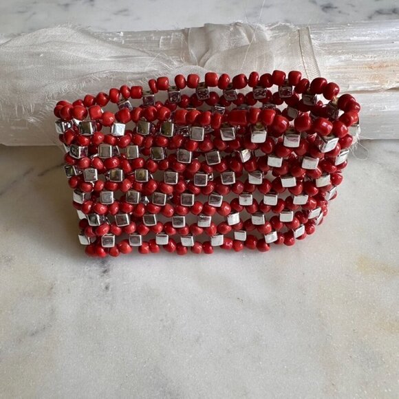 Coral Colored Beads and Silver Beaded Stretch Bracelet - Picture 6 of 6